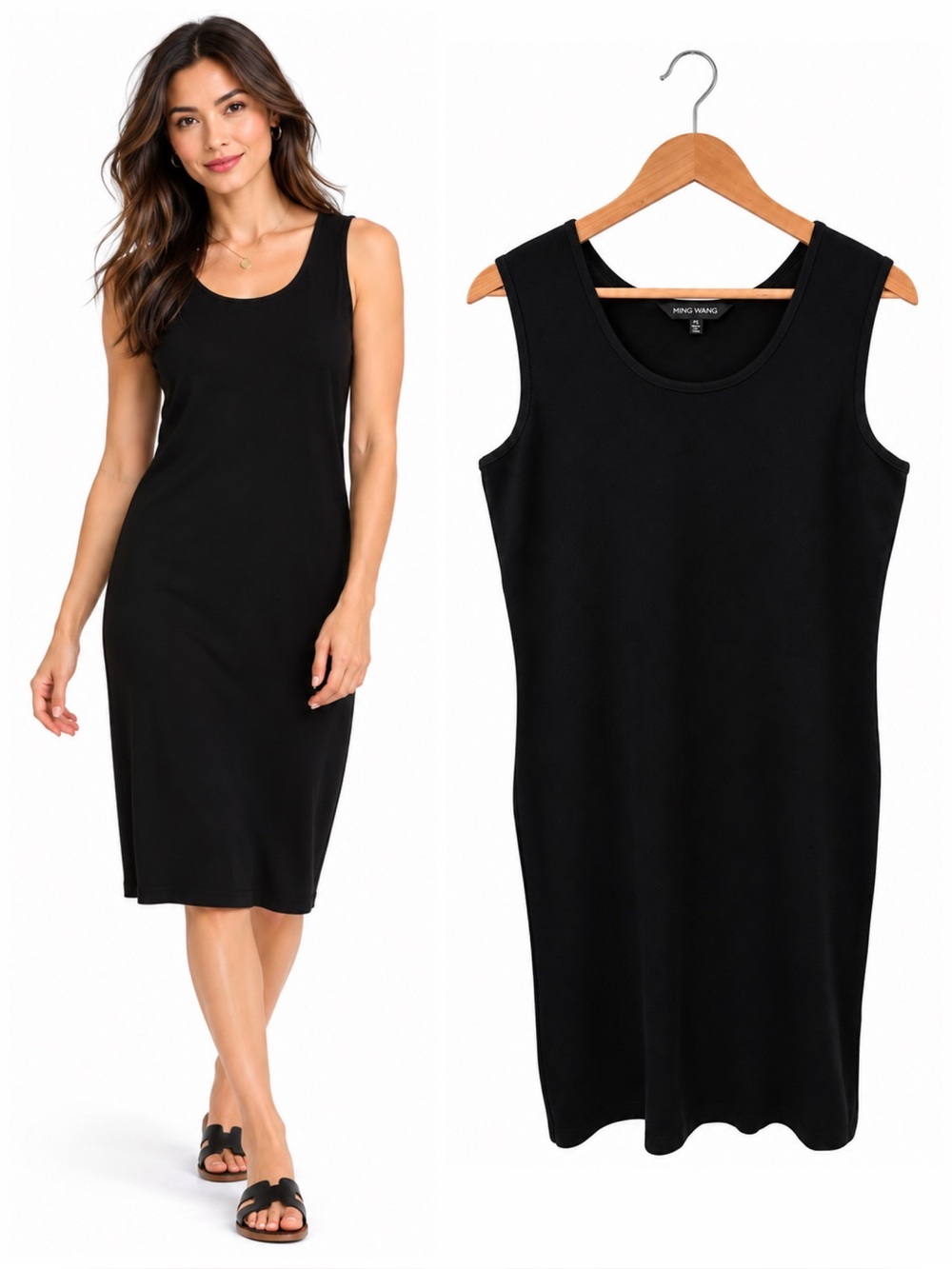 Ming Wang Black Knit Tank Dress S Sleeveless Minimalist Quiet Luxury Midi